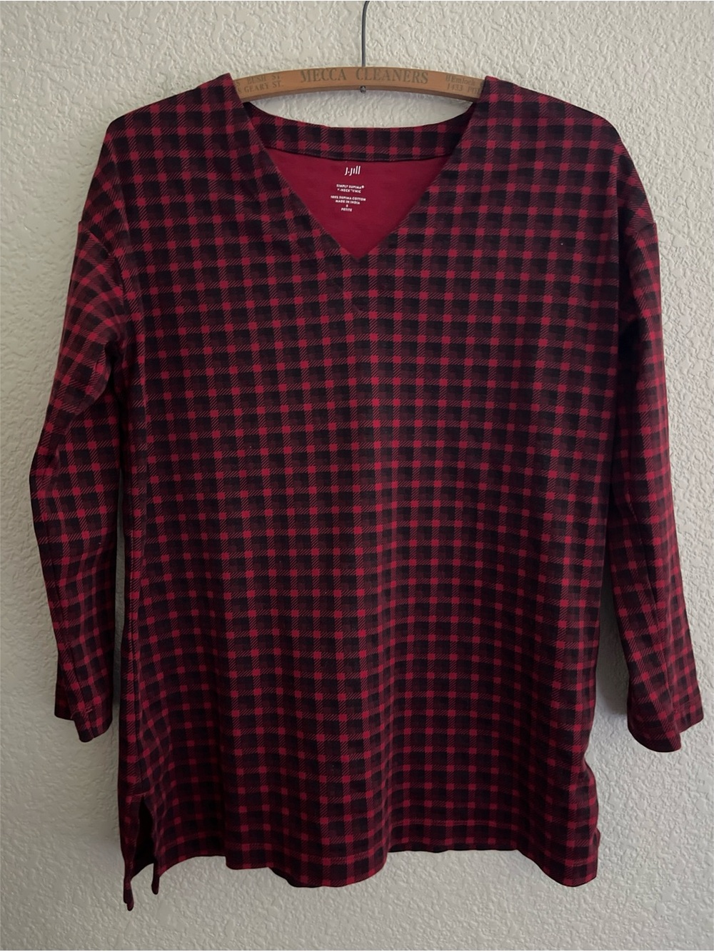 J Jill Plaid Simply Supima V Neck Shirt Women’s Size Small Petite